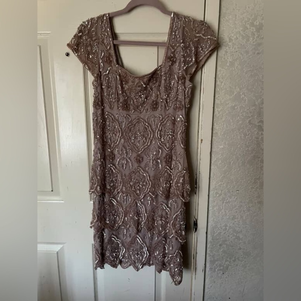 Pisarro Nights beige Elegant Sequin Embellished Dress SZ 8 petite